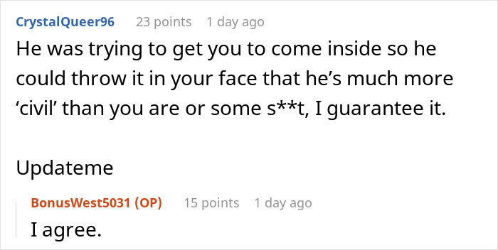 Screenshot of an online comment discussion about a lady refusing to let ex's stepkid use her bathroom, suspecting snooping. Screenshot of an online comment discussion about a lady refusing to let ex's stepkid use her bathroom, suspecting snooping.