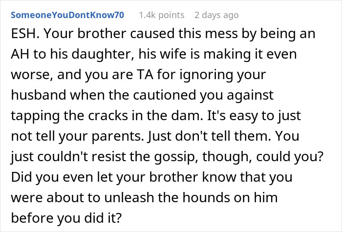 Comment discussing family conflict as man faces divorce after sister reveals secret child, highlighting tension and gossip impact.