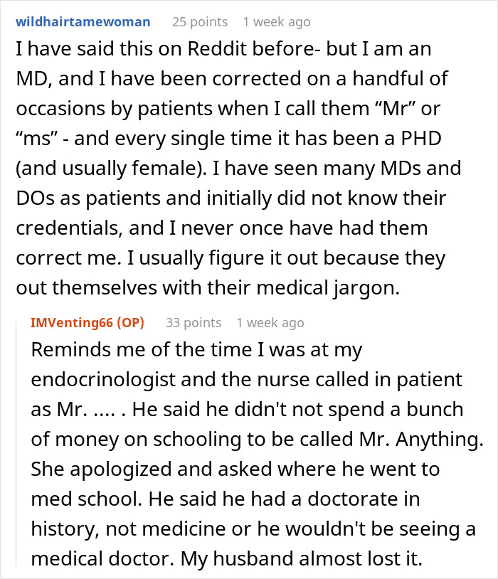 Reddit conversation about a PhD aunt expecting family to call her doctor and experiences with medical titles confusion. Reddit conversation about a PhD aunt expecting family to call her doctor and experiences with medical titles confusion.
