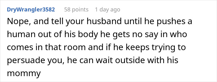Reddit comment discussing delivery room baby DNA rights and husband’s role during childbirth decisions.