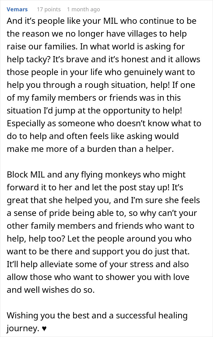 Comment defending a woman battling cancer asking for help, criticizing MIL for calling it tacky and dramatic. Comment defending a woman battling cancer asking for help, criticizing MIL for calling it tacky and dramatic.