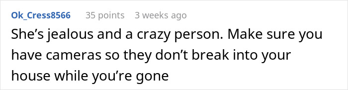 User comment in a blue username box sharing advice about jealousy and home security with cameras to prevent break-ins.