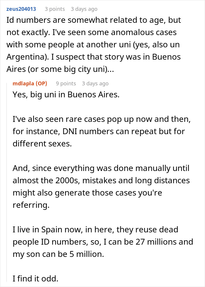 Reddit conversation about ID numbers related to age, errors in manual processing, and reuse of numbers in Spain.