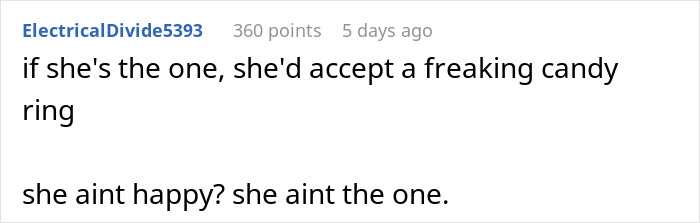 Screenshot of a Reddit comment discussing a girlfriend's reaction to a small proposal ring and sisters' opinions.