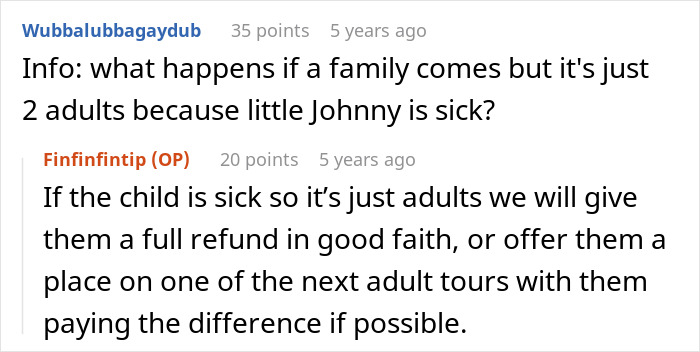Screenshot of an online discussion about a tour company refunding adults when a child is sick on a family tour.