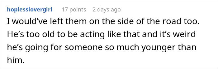 Comment discussing a man ending up on the side of the road after insulting his date, reflecting dating and relationship issues. Comment discussing a man ending up on the side of the road after insulting his date, reflecting dating and relationship issues.