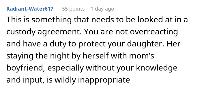 Comment discussing custody concerns about an 8-year-old spending the night at mom’s boyfriend’s house without dad’s knowledge. Comment discussing custody concerns about an 8-year-old spending the night at mom’s boyfriend’s house without dad’s knowledge.