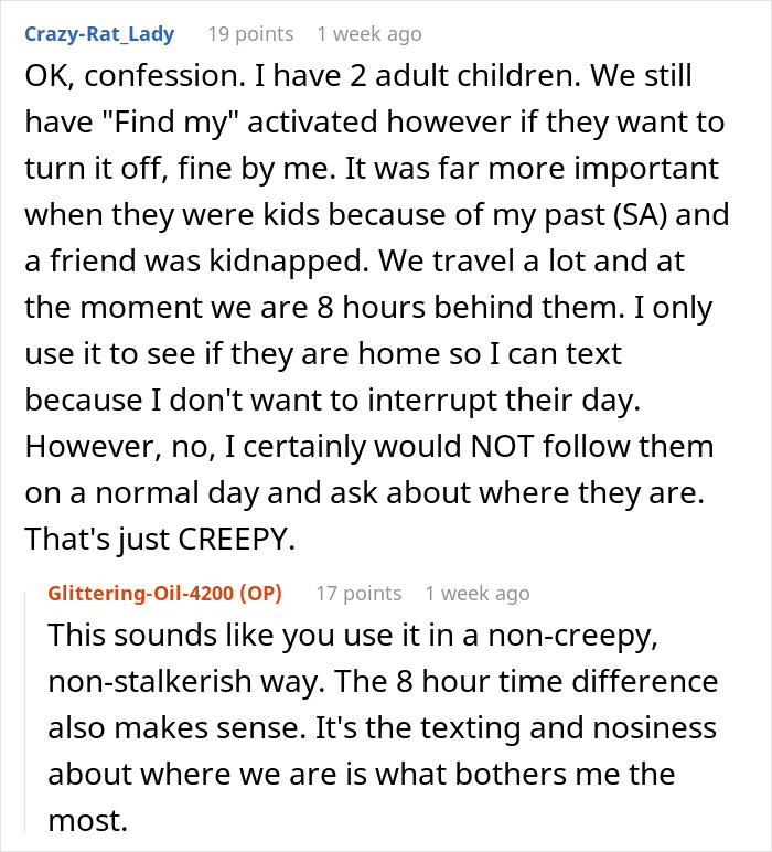 User comments discussing the appropriate and respectful use of a mil-tracking-app-son for checking location without being intrusive. User comments discussing the appropriate and respectful use of a mil-tracking-app-son for checking location without being intrusive.