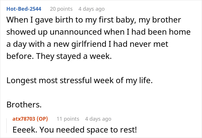 Comment about family’s entitled behavior causing stress and hunger, highlighting boundaries and being banned.