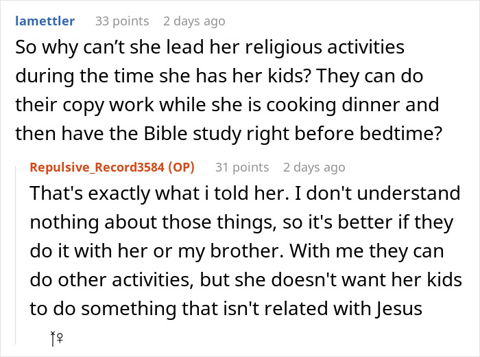 Reddit conversation discussing babysitting nephews and coordinating Bible study during kids' activities and dinner time. Reddit conversation discussing babysitting nephews and coordinating Bible study during kids' activities and dinner time.