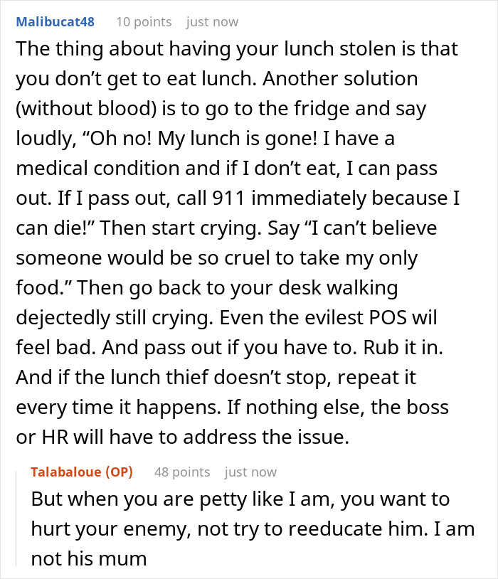 Reddit user shares story of adding menstrual blood to food to prevent theft and discusses lunch theft solutions.