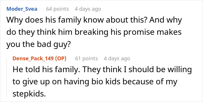 Online conversation about marriage and relationship challenges involving kids and fertility decisions within families.