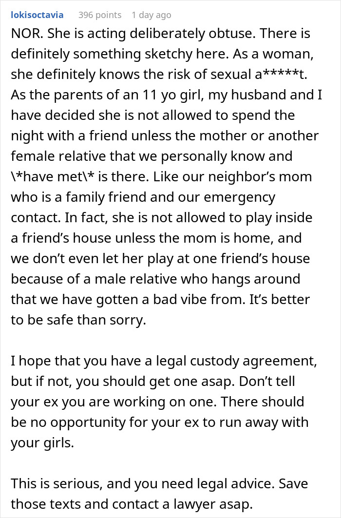 Text discussing concerns about an 8-year-old spending the night at mom's boyfriend’s house and dad's reaction. Text discussing concerns about an 8-year-old spending the night at mom's boyfriend’s house and dad's reaction.