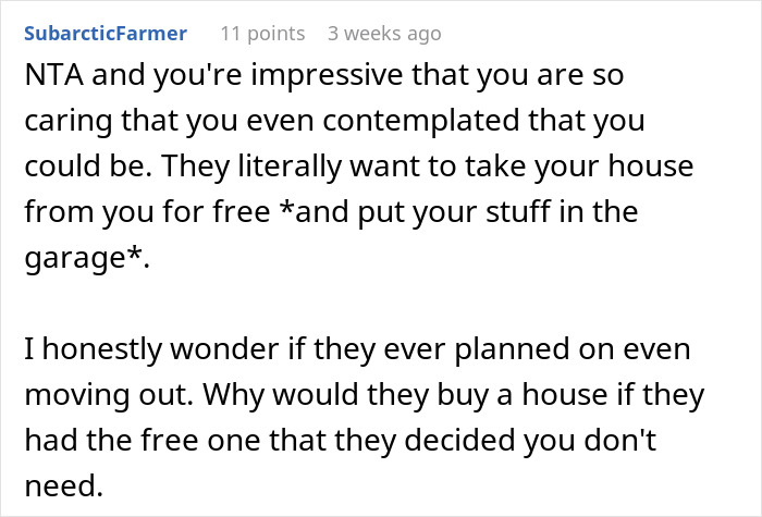 Comment highlighting a guy refusing to give his home to sister’s family, emphasizing he is not a landlord.