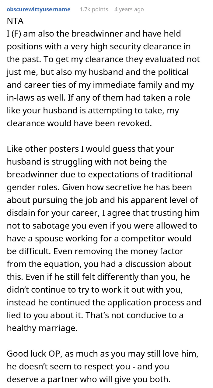 Commenter's detailed advice on asking husband to turn down dream job and managing career and relationship challenges. Commenter's detailed advice on asking husband to turn down dream job and managing career and relationship challenges.