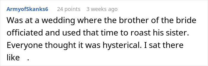 Comment from a user describing a best man’s speech comparing the groom’s bride choice to an IKEA shopping trip, shocking wedding guests.