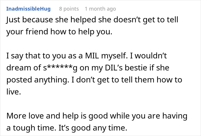 Comment discussing a mother-in-law's opinion on helping a woman battling cancer and offering support during tough times. Comment discussing a mother-in-law's opinion on helping a woman battling cancer and offering support during tough times.