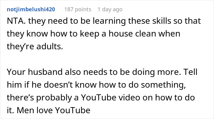 Comment discussing a student working mom handling family complaints and encouraging skill learning for household tasks.
