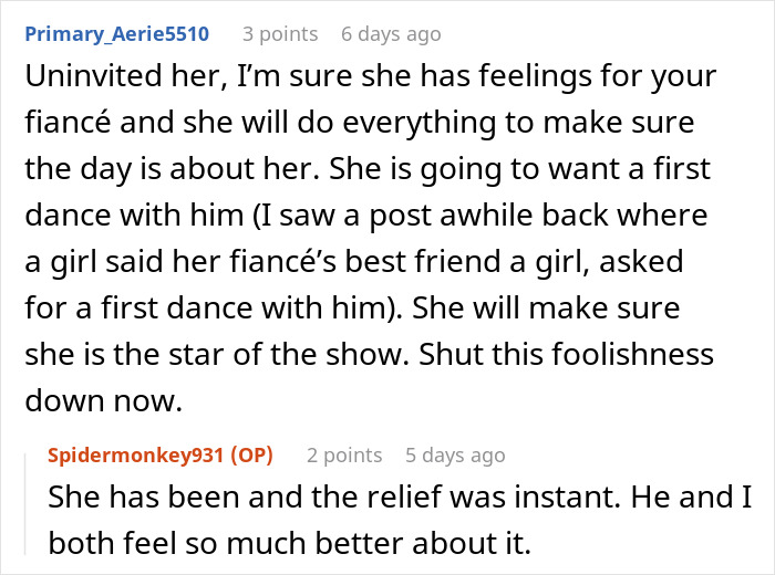 Comment discussing fiancé’s female friend demanding speech, matching dress, and best man role causing bride to consider cutting ties. Comment discussing fiancé’s female friend demanding speech, matching dress, and best man role causing bride to consider cutting ties.