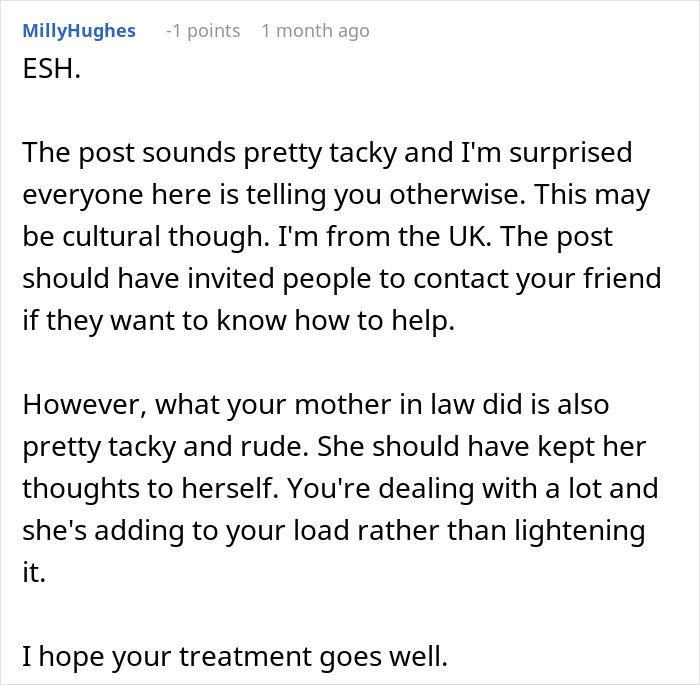 Comment discussing a woman battling cancer seeking help while her mother-in-law calls it tacky and dramatic. Comment discussing a woman battling cancer seeking help while her mother-in-law calls it tacky and dramatic.