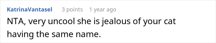 Screenshot of a comment discussing a woman furious her partner won't rename their cat, causing tension in their relationship. Screenshot of a comment discussing a woman furious her partner won't rename their cat, causing tension in their relationship.