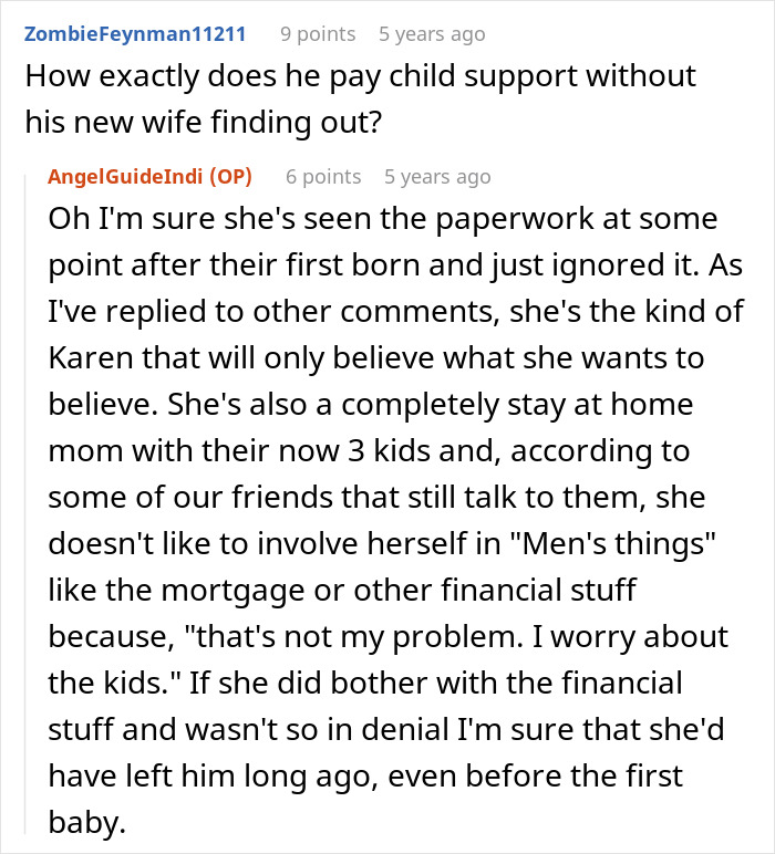 Text comments on a forum discussing child support and parenting dynamics involving a woman's denial and stay-at-home status. Text comments on a forum discussing child support and parenting dynamics involving a woman's denial and stay-at-home status.