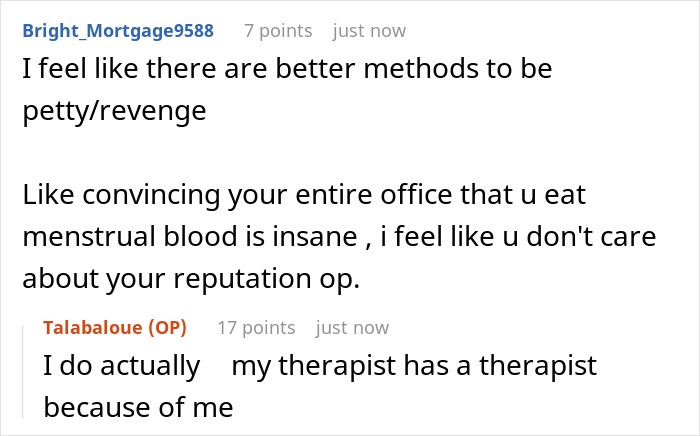 Online conversation about menstrual blood used to prevent theft, highlighting unusual revenge tactics and workplace reactions.