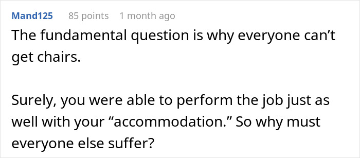 Comment discussing workplace accommodation and ableist manager refusing disability accommodations, causing conflict.