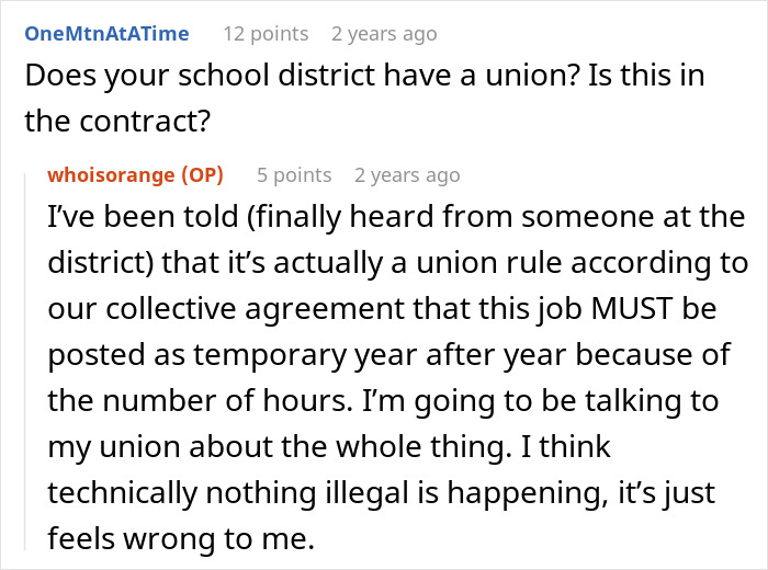 Forum discussion text about work making employees reapply for a position yearly due to union rules and contract terms. Forum discussion text about work making employees reapply for a position yearly due to union rules and contract terms.