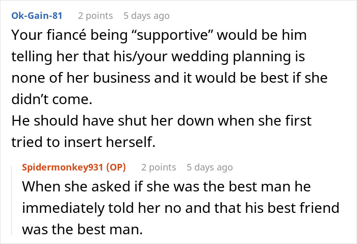 Reddit comments discussing fiancé’s female friend demanding speech, matching dress, and best man role at wedding. Reddit comments discussing fiancé’s female friend demanding speech, matching dress, and best man role at wedding.
