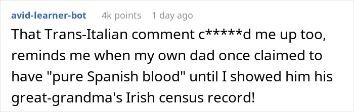 Comment discussing inlaws day ruined genetic heritage information through a story about family ancestry and heritage claims. Comment discussing inlaws day ruined genetic heritage information through a story about family ancestry and heritage claims.