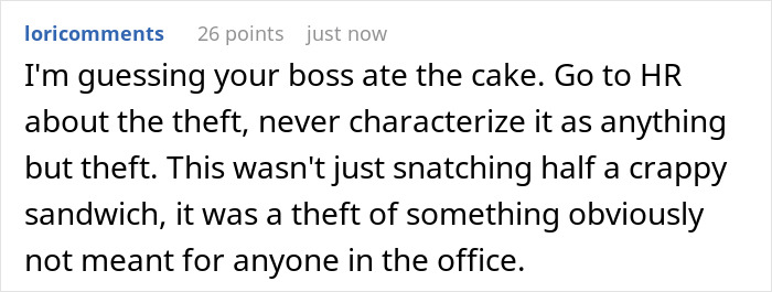 Comment about woman’s custom baby shower cake ruined in shared office fridge with coworkers advising no fuss.