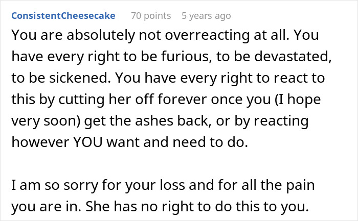Alt text: Comment expressing support after entitled grandma causes family drama by stealing grandson’s ashes and dismissing the issue.