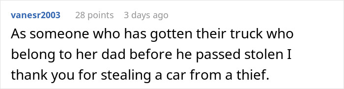 Comment on Reddit describing gratitude after car thieves were stopped by Captain Underwear, who tricks thieves into abandoning getaway car. Comment on Reddit describing gratitude after car thieves were stopped by Captain Underwear, who tricks thieves into abandoning getaway car.