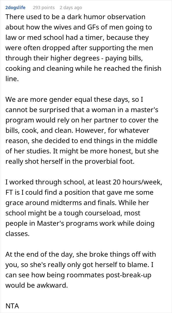 Comment discussing breakup, ex moving out, and impact on school with focus on relationship and education challenges. Comment discussing breakup, ex moving out, and impact on school with focus on relationship and education challenges.