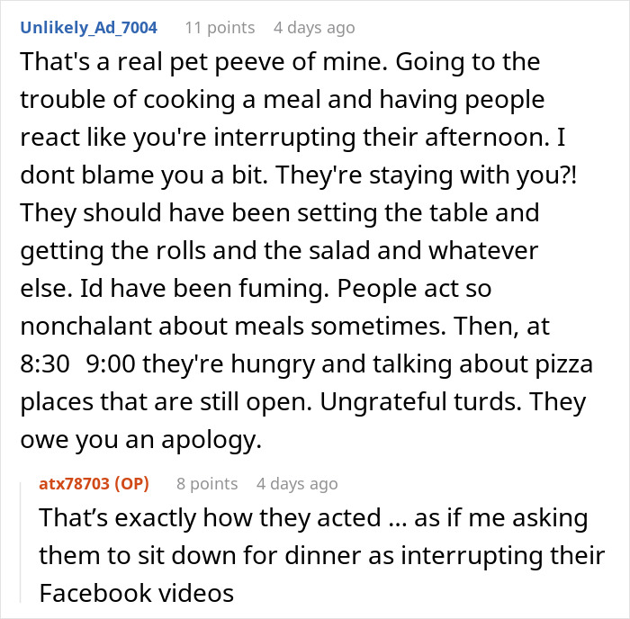 Comment about family’s entitled behavior around meals causing frustration and hunger, highlighting ungrateful attitudes.