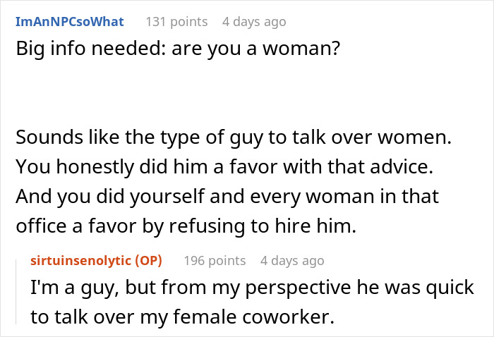 Screenshot of a forum discussion about a guy with a high chance of getting hired but losing it quickly during a job interview. Screenshot of a forum discussion about a guy with a high chance of getting hired but losing it quickly during a job interview.