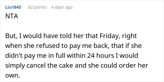 Comment discussing cake payment dispute and party drama after aunt with no kids cancels cake order over unpaid costs. Comment discussing cake payment dispute and party drama after aunt with no kids cancels cake order over unpaid costs.