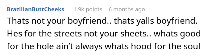 Screenshot of a comment discussing a boyfriend, referencing ex-gf's house bathroom and phone charge situation. Screenshot of a comment discussing a boyfriend, referencing ex-gf's house bathroom and phone charge situation.