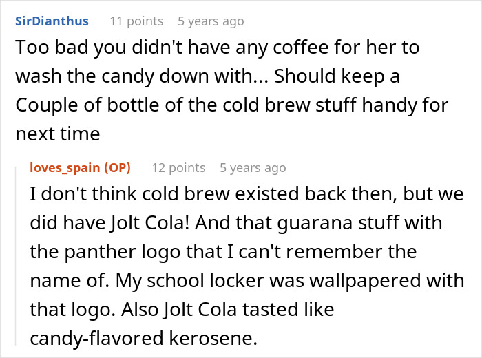 Screenshot of a humorous Reddit conversation about babysitting and sugary drinks causing a sugar rush. Screenshot of a humorous Reddit conversation about babysitting and sugary drinks causing a sugar rush.