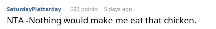 Screenshot of a Reddit comment discussing a husband refusing to eat chicken left in a car trunk, calling it a biohazard. Screenshot of a Reddit comment discussing a husband refusing to eat chicken left in a car trunk, calling it a biohazard.