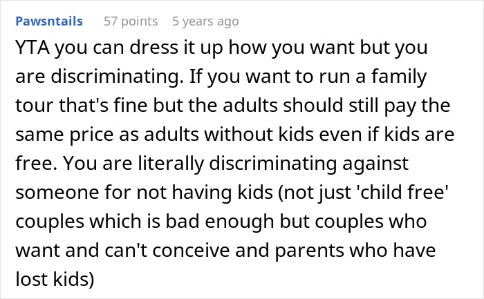 Screenshot of a forum comment criticizing a tour company for discriminating against childfree couples on a family tour.