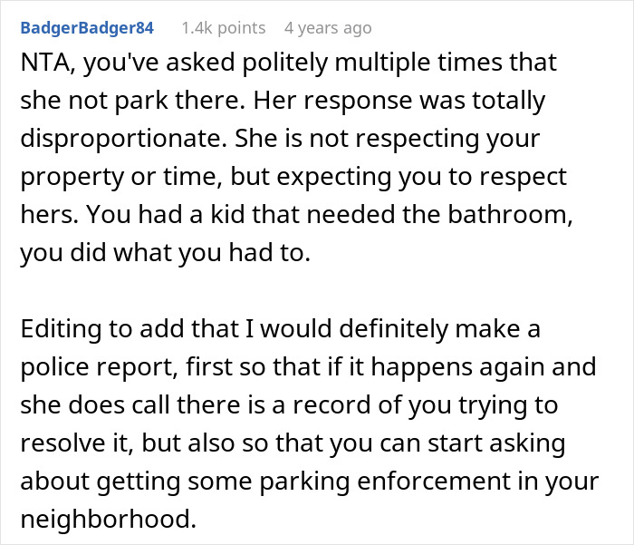 Comment discussing a lady repeatedly parking in a couple's private space and advice on handling parking enforcement. Comment discussing a lady repeatedly parking in a couple's private space and advice on handling parking enforcement.