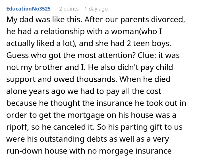 Comment text from a user describing a man facing legal consequences as a deadbeat dad after neglecting child support. Comment text from a user describing a man facing legal consequences as a deadbeat dad after neglecting child support.