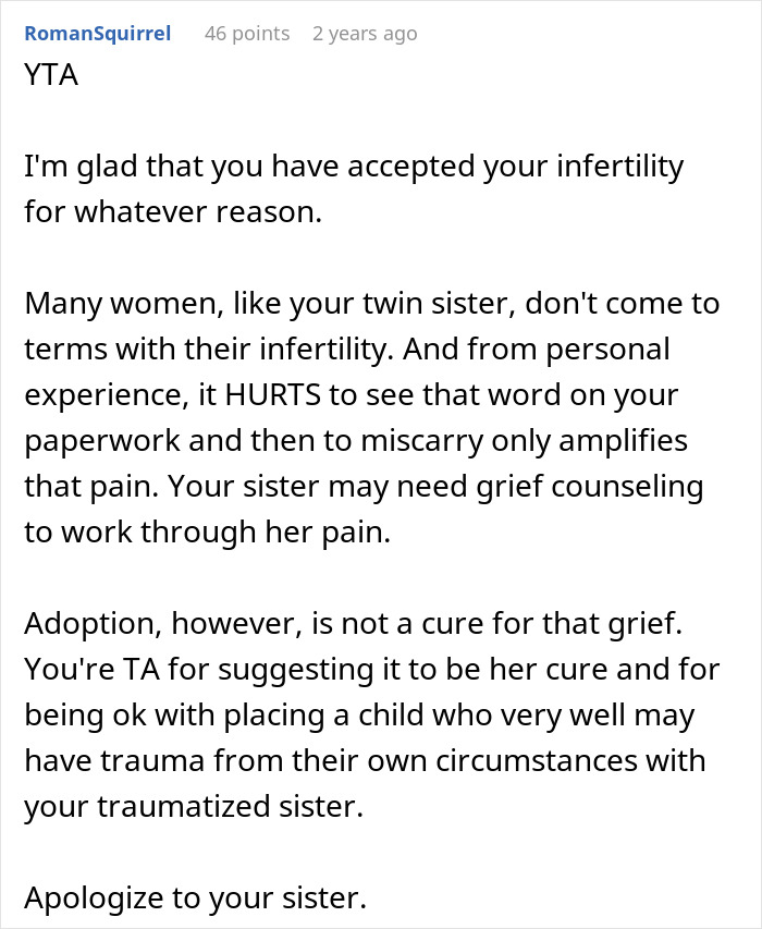 Comment discussing a baby-mad woman struggling with infertility, emotional pain, and adoption as a suggested option. Comment discussing a baby-mad woman struggling with infertility, emotional pain, and adoption as a suggested option.