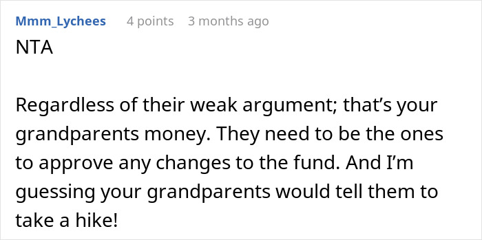 Comment on a forum discussing a teen refusing to sacrifice her future for parents’ financial mistakes, defending grandparent's fund rights.