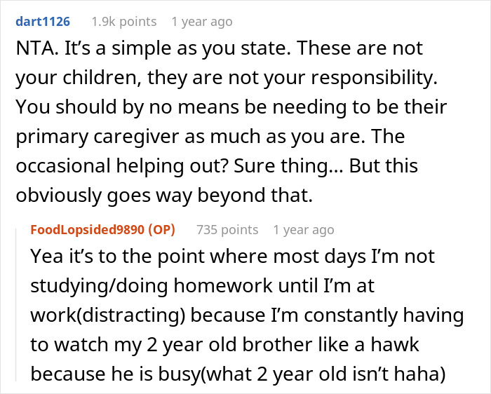 Screenshot of online discussion highlighting a 20-year-old overwhelmed by responsibility of caring for half-siblings.