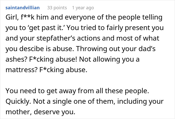 Comment from user condemning abusive stepfather actions, supporting woman refusing contact with unhinged stepfather. Comment from user condemning abusive stepfather actions, supporting woman refusing contact with unhinged stepfather.