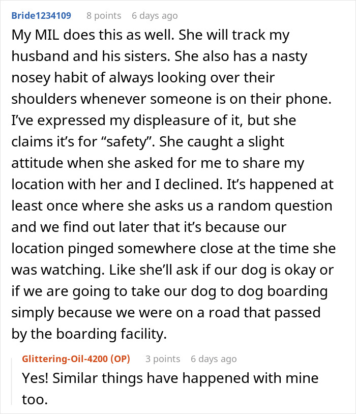 Comment about a MIL tracking her son's location using a mil-tracking-app-son for safety concerns and privacy issues. Comment about a MIL tracking her son's location using a mil-tracking-app-son for safety concerns and privacy issues.