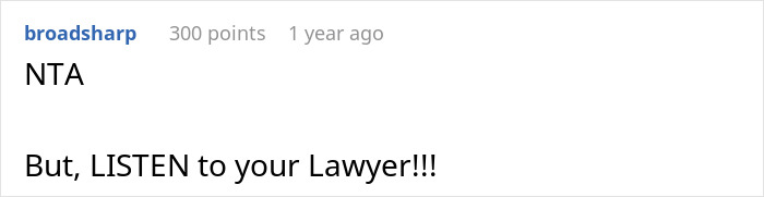 Text comment highlighting advice to listen to a lawyer, related to wife leaving for affair partner and divorce delay. Text comment highlighting advice to listen to a lawyer, related to wife leaving for affair partner and divorce delay.